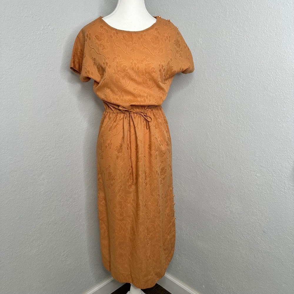 Vintage 70s Jacquard Midi Boho Terracotta Floral Dolman Sleeve Button Shoulder M - Picture 2 of 9